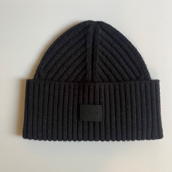 ALLSAINTS Traveling Rib Patch Casual Black Beanie Hat Wool Blend - Picture 3 of 6